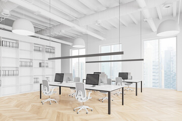 White coworking interior with pc monitors on tables, panoramic window