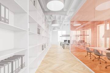 Office interior with colored glass meeting room and coworking space, window