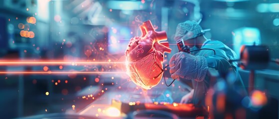 Amazing of a cardiac surgeon performing a minimally invasive valve repair with Glow HUD big Icon of cardiology