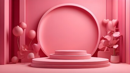 Pink backdrop podium shape minimal scene room abstract pedestal gift light sale pastel romantic day. Pink 3D product love display platform red heart stand studio stage day.