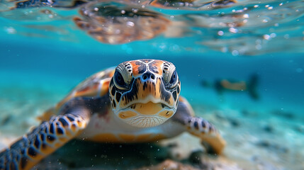 Obraz premium Sea turtle swimming up close underwater with bubbles surrounding. Captivating view of marine life creature in natural ocean habitat. Concept of nature, exploration and environmental awareness.
