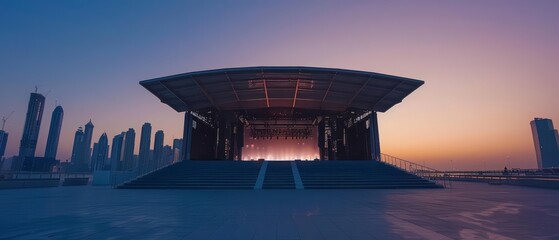 An outdoor arena designed for concerts sits silent in the twilight, its stage set against the backdrop of an iconic city skyline, with copy space