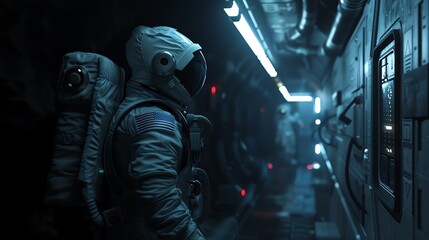 Capture a side view of an astronaut exploring a dark, eerie space station, illuminated by a dim, flickering light, enhancing the suspense and horror ambiance