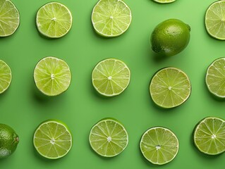 Fototapeta premium Pattern of fresh lime slices and a whole lime on a vibrant green background. Perfect for summer, food blogs, and health-related content.