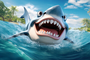 Fototapeta premium Cartoon shark swimming in the sea with happy expression on his face. Generative Ai