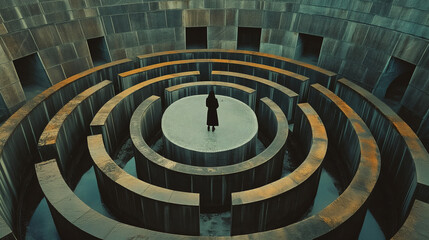 Overhead shot of a person standing in the center of the maze, surrounded by countless reflections. Dynamic and dramatic composition, with cope space
