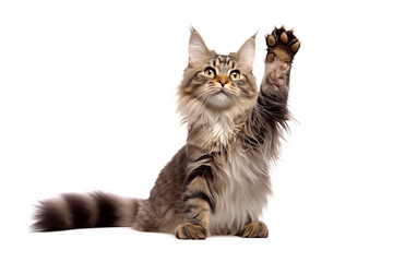 Obraz premium Maine Coon cat waving paw on white background. Generative Ai