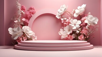 3D spring flower product beauty pink show natural background podium. Summertime abstract shadow platform with white blossoms, minimal design render stage, and 3D podium stand background scene