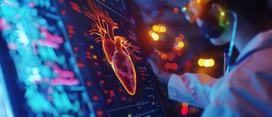 Closeup of a medical researcher analyzing cardiovascular data on a large digital display with Glow HUD big Icon of cardiology