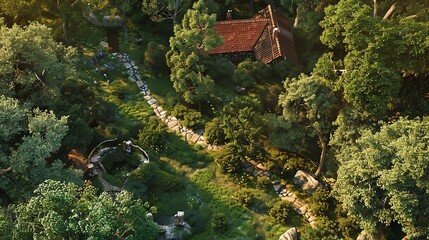 Capture the enchanting essence of a lush forest setting intertwined with Shakespearean charisma using dynamic aerial shots and scenic panoramas