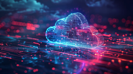 Glowing digital cloud storage icons floating in futuristic cyberspace. Concept of digital transformation, innovation and virtual reality.