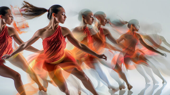 Multiple reflections of a dancer in mid-movement, capturing fluid motion from every angle. Dynamic and dramatic composition, with cope space