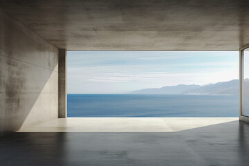 Empty concrete room with sea view and mountains. Mock up. Generative Ai