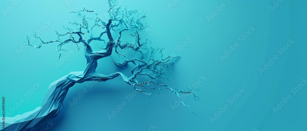 Poster paper art and craft style of an ancient tree with sprawling branches, set against a solid color back