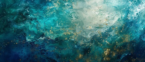 Oceanic textures in shades of blue, aqua, and teal form a dynamic web banner, paired with subtle gold brushstrokes for a luxurious, abstract design