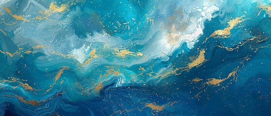 Oceanic textures in shades of blue, aqua, and teal form a dynamic web banner, paired with subtle gold brushstrokes for a luxurious, abstract design