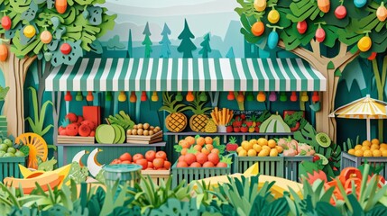 Fototapeta na wymiar Paper cut design of a bustling farmers market, full of fresh fruits and vegetables, shown in solid color, and presented as a banner sharpen with copy space