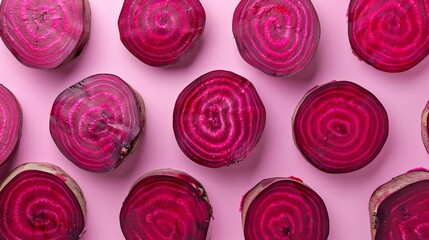 Top view of fresh beetroot slices arranged in a pattern on a pink background, showcasing their vibrant color and texture.