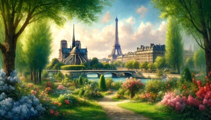 A painting showcasing the lush and serene nature of Paris's landmarks with tranquil beauty
