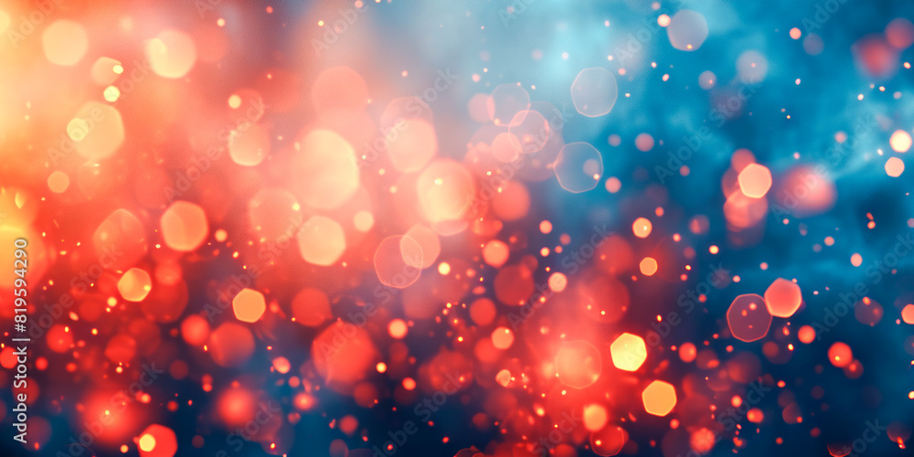Poster abstract bokeh lights in red and blue hues, digital artwork on a gradient background, depicting the 