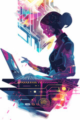 Futuristic Businesswoman Working on Laptop with AI Chip, Robot Assistance Concept