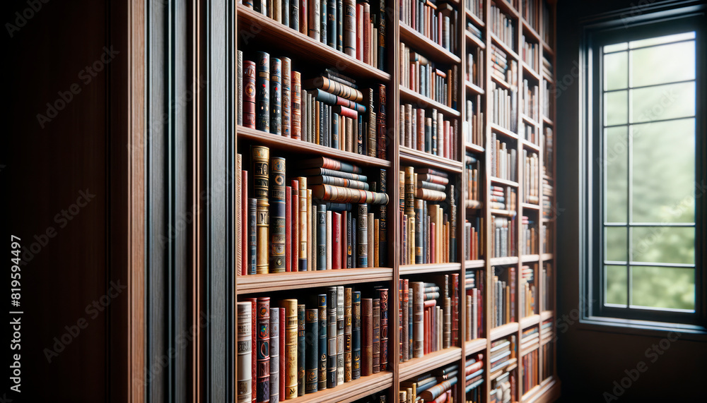 Aufkleber a library with rows of books on wooden shelves near a window, natural light, concept of knowledge. g