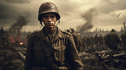 World war solder with the war background, smoke and fire, friendly army solders in background