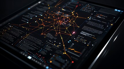A high-resolution digital tablet screen showing a complex decision tree for AI, with a black background. 8k, realistic, full ultra HD, high resolution and cinematic photography