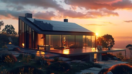 A minimalist house with sleek, black solar panels on the roof, illuminated by the warm glow of the setting sun. 8k, realistic, full ultra HD, high resolution and cinematic photography