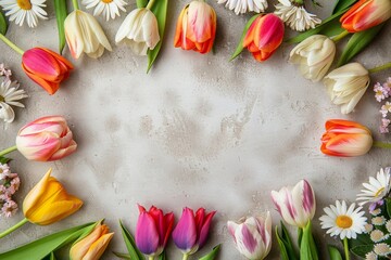 Tulips and daisies arranged around the edges, leaving ample copy space for text in the center. AI generated