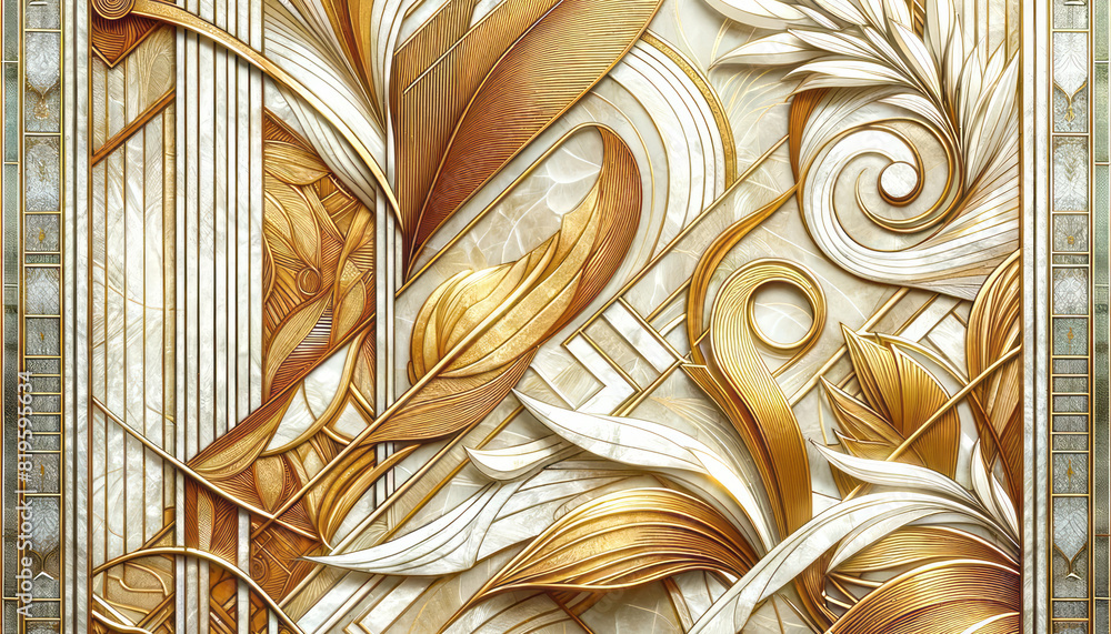 Poster an intricate golden and white floral pattern against a neutral background, evoking an elegant and cr
