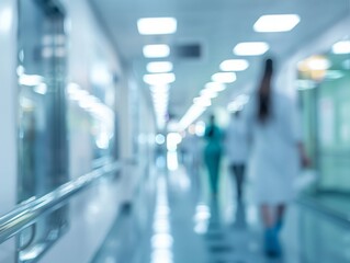 A gentle blur effect on a hospital corridor background, with muted colors and indistinct movement of healthcare staff. AI generated
