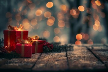 A joyful Christmas composition featuring bright red gift boxes on a rustic wooden floor, with softly blurred lights sparkling in the distance. AI generated