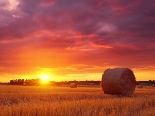 A captivating view of a hay field at sunset, where the light of the sinking sun enhances the golden tones of the hay bales. AI generated