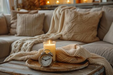 A cozy living room with a plush beige sofa, a wooden coffee table adorned with a textured blanket...