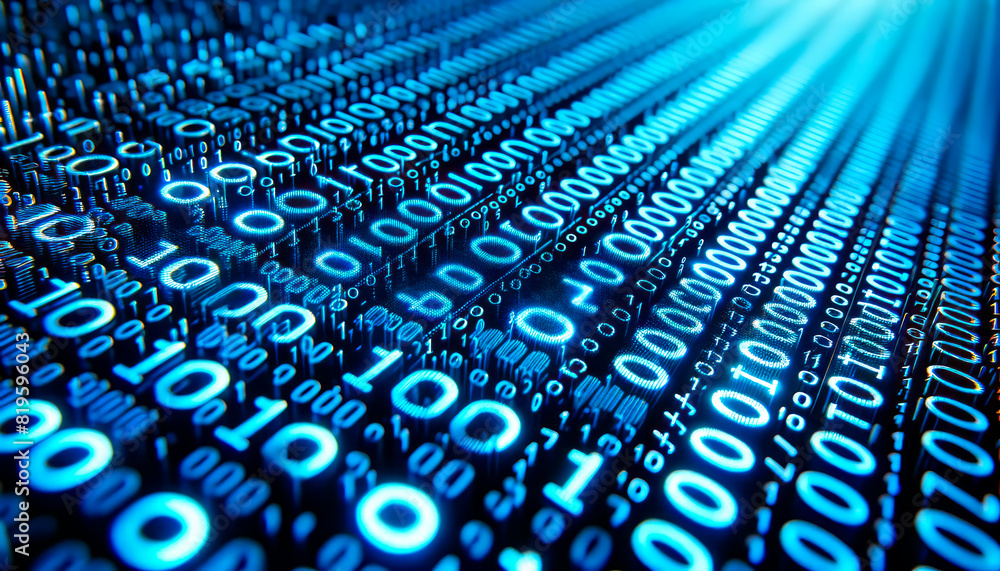 Poster Blue digital binary code on a dark background, symbolizing information technology. Generative AI