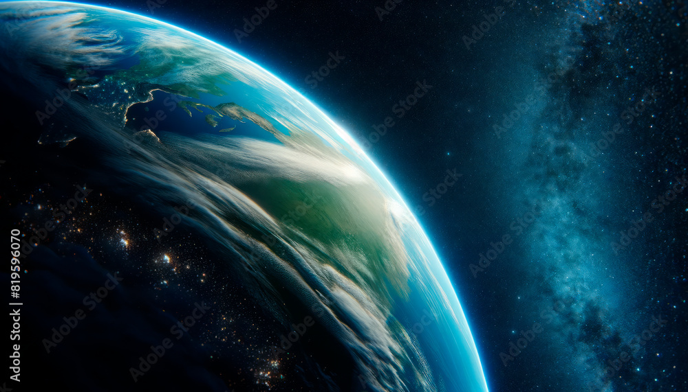 Poster earth from space with a vibrant star field, digital art image on a cosmic background, concept of exp
