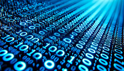 Blue digital binary code on a dark background, symbolizing information technology. Generative AI