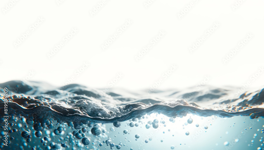 Poster close-up of water surface with bubbles against a light background, illustrating the concept of purit