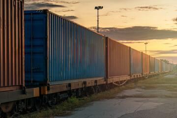 Many containers are on trains that move on rails according to the rail transportation concept and drive the transportation industry.