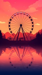 ferris wheel at sunset with warm colors and a beautiful lake landscape panorama