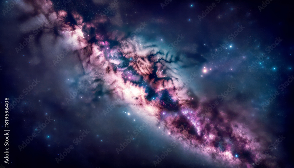 Poster a vibrant depiction of a cosmic nebula with stars, in a photorealistic style against a dark space ba