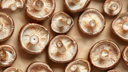 Top view of several sliced mushrooms arranged on a beige background, showcasing intricate gills and textures, perfect for culinary or nature-themed projects.