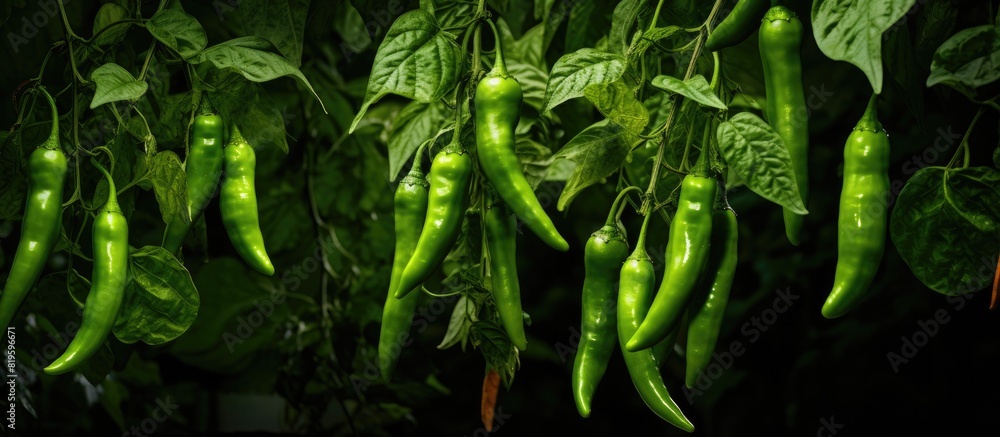 Wall mural Fresh green bell peppers hanging on plant