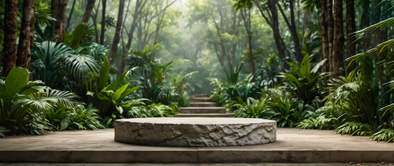 Podium background product green nature forest stand white plant. Cosmetic background product podium display wood jungle studio garden beauty platform presentation mockup pedestal stone tropical
