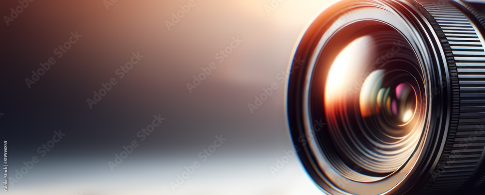 Poster close-up of a camera lens with vibrant reflections, against a gradient backdrop, concept of photogra