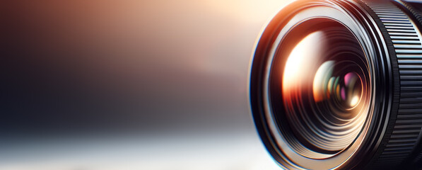 Close-up of a camera lens with vibrant reflections, against a gradient backdrop, concept of photography. Generative AI