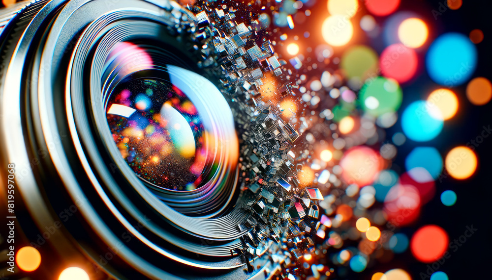 Aufkleber A close-up of a camera lens with a tech-themed, detailed background and colorful bokeh lights, embodying a concept of photography and technology. Generative AI