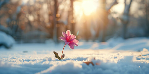 Season changes, the beginning of life concept. Copy paste place for text. Earth day, organic gardening, ecology, sustainable life. The first spring flower appears from the snow cover in sunny park