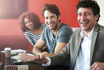 Happy, businesspeople and portrait in office with meeting with tech, planning and teamwork....